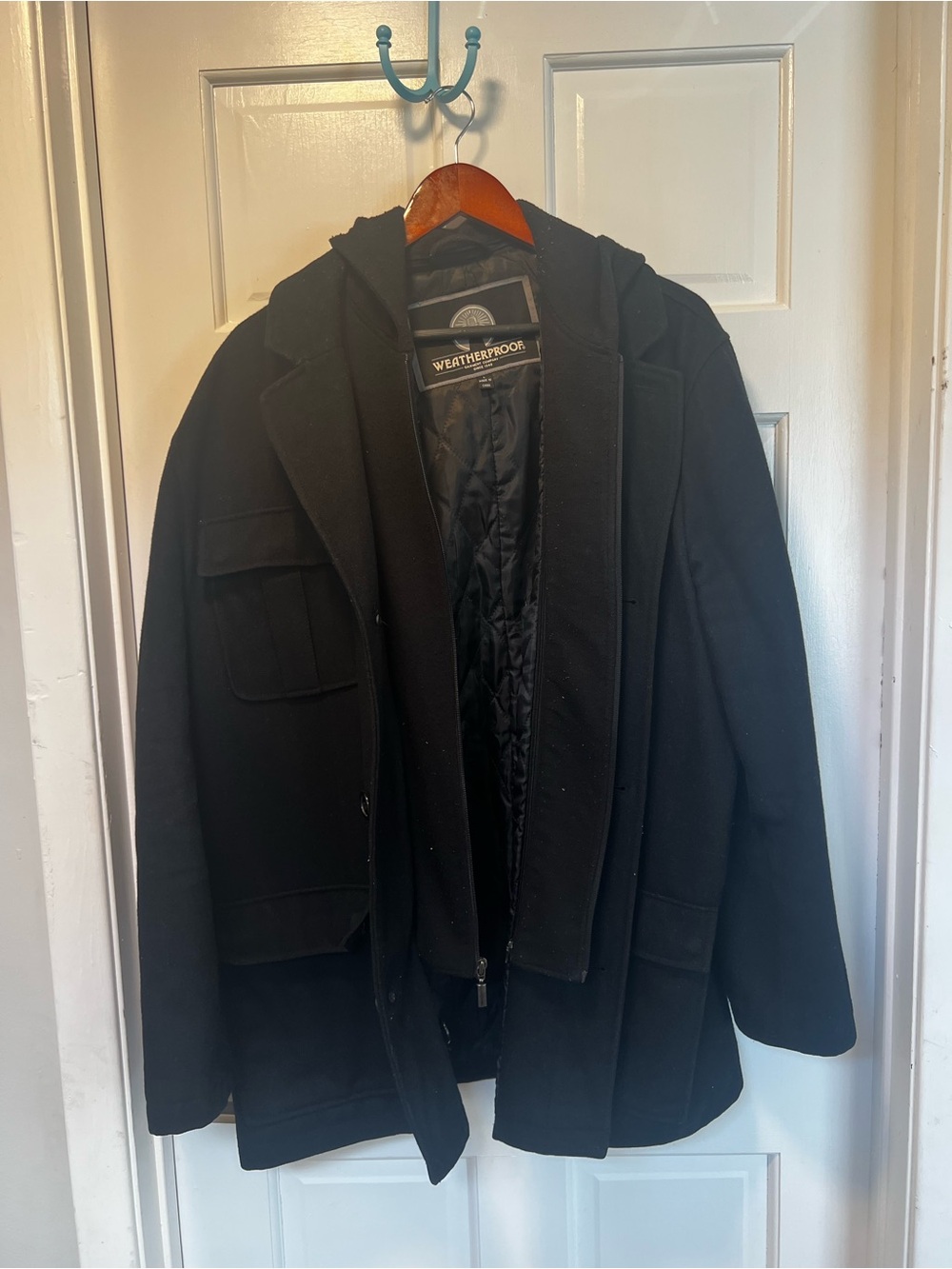 Weatherproof Men’s Black Hooded Pea Coat